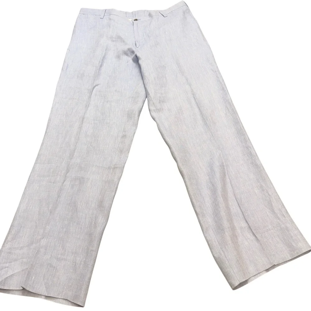 Charleston Khakis Mens Light Blue 100% Linen Herringbone Dress Pants 37R 32L